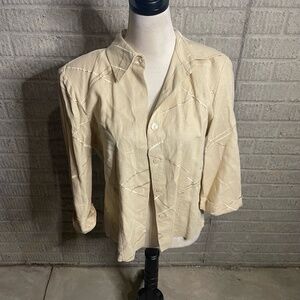 Linea Domani Linen Beige Embroidered Button Down‎ Casual Shirt Size M